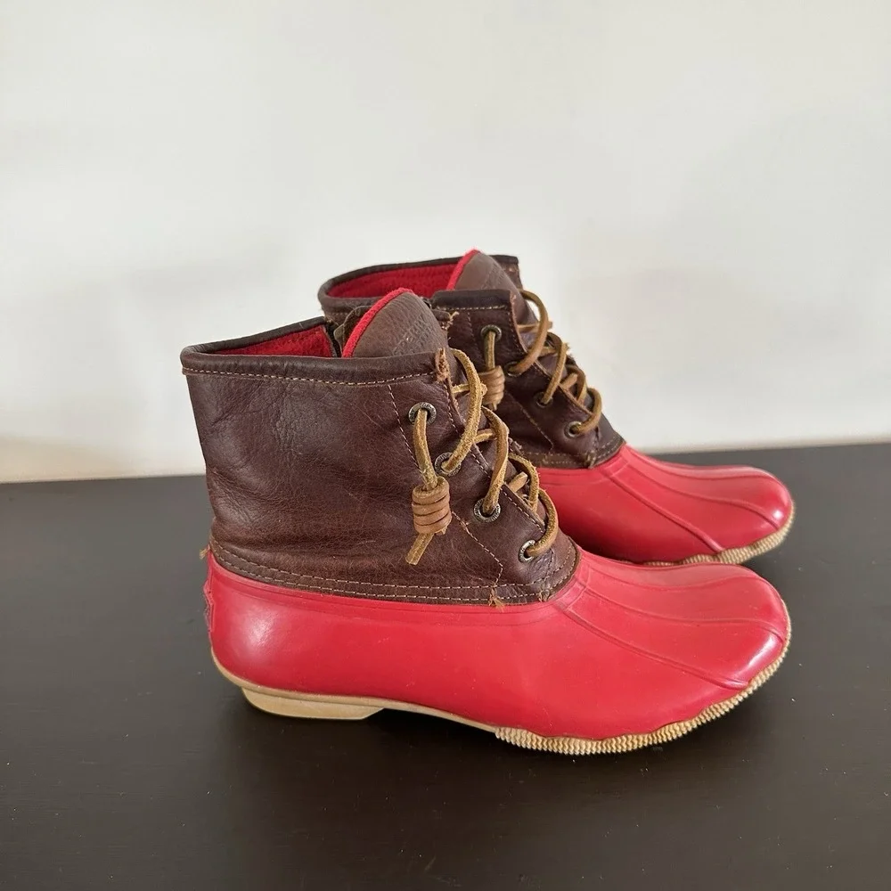 Women's Sperry Top-Sider Saltwater Rain Boots Leather Rubber Women's 6 Red Brown